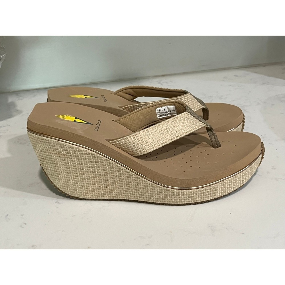 Volatile Women Beige Woven Platform Wedge Thong Sandals Size 8 Tan Flip Flops - Picture 3 of 9